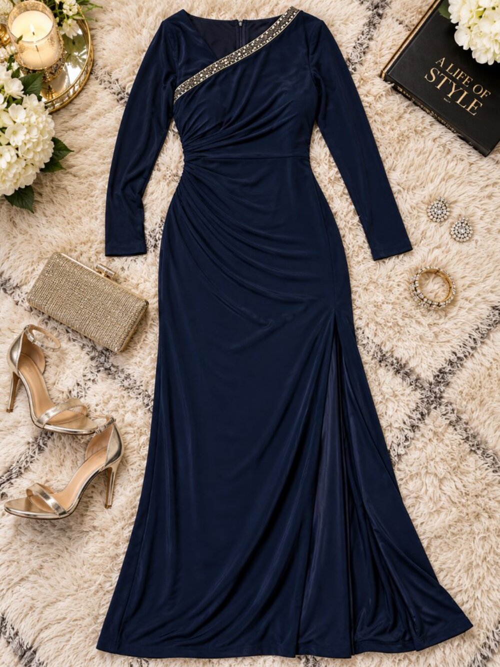 Adrianna Papell Midnight Embellished Asymmetrical Long Sleeve Gown 10 NWT - Picture 4 of 6